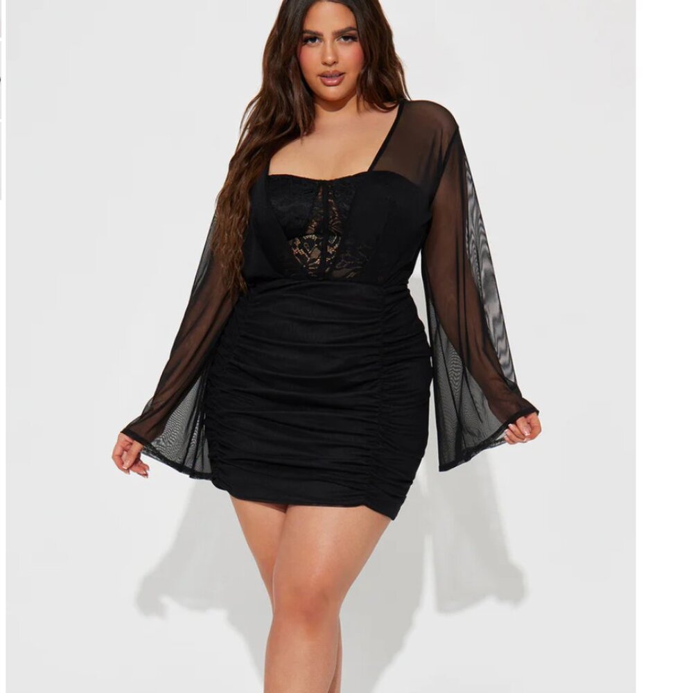 Fashion Nova Ready For Everything Black Mesh Sleeve Ruched Mini Dress in 2XL - Picture 2 of 4
